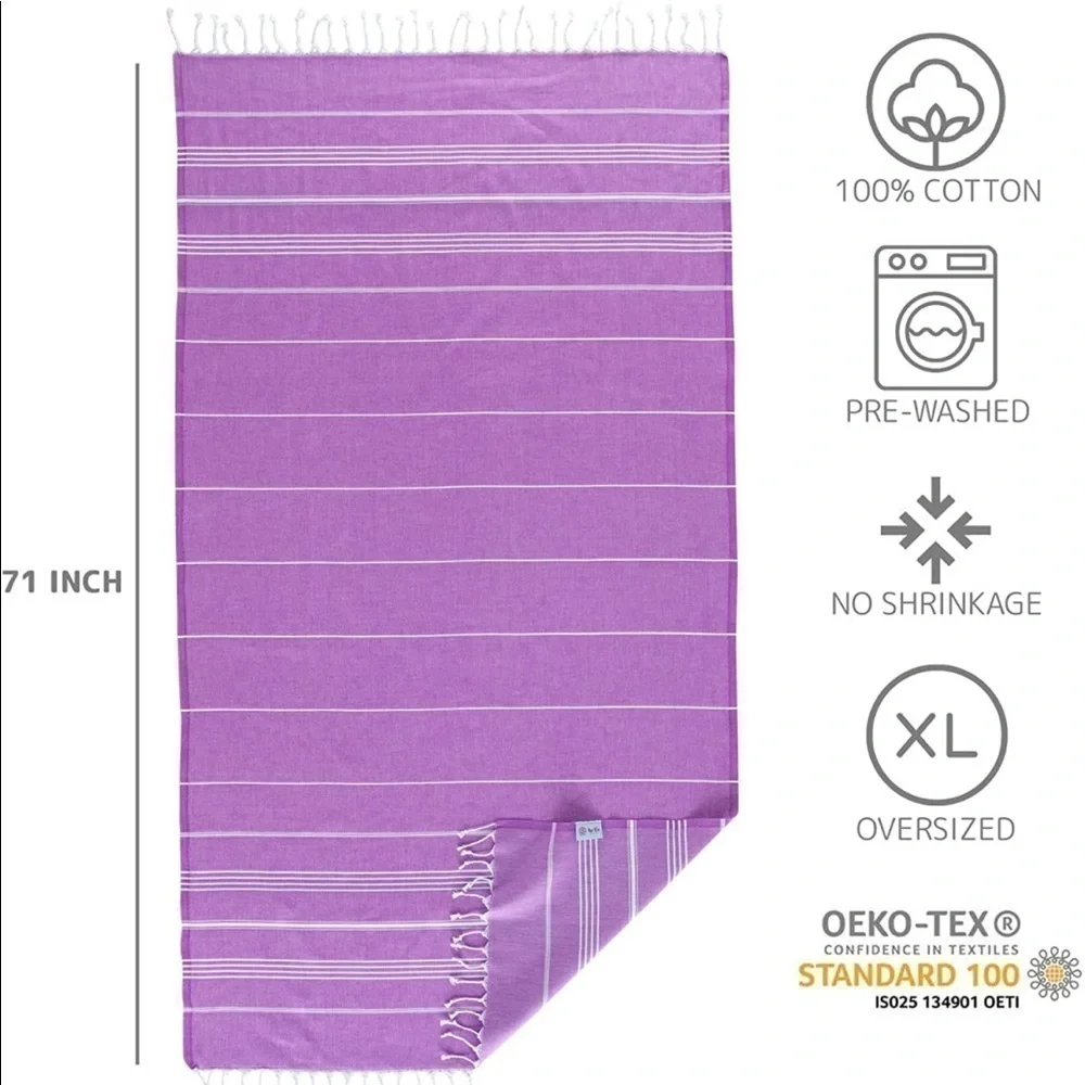 Brand New Peshtemal Turkish Beach Towel Prewashed 100% Cotton, 39”x71” Purple